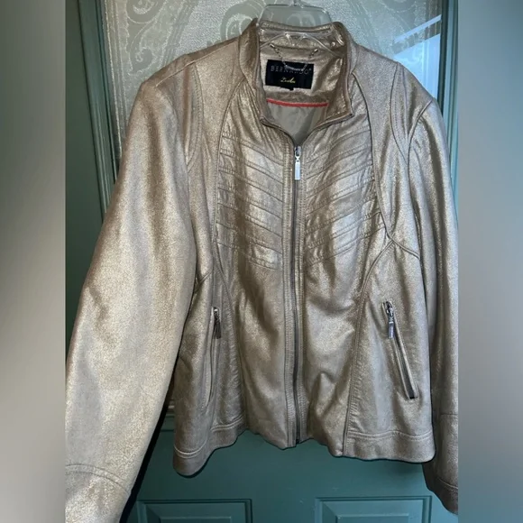 Bernardo Leather Jacket Gold Metallic Shimmer, Moto, Vintage, Retro Women’s M/L - Picture 4 of 13